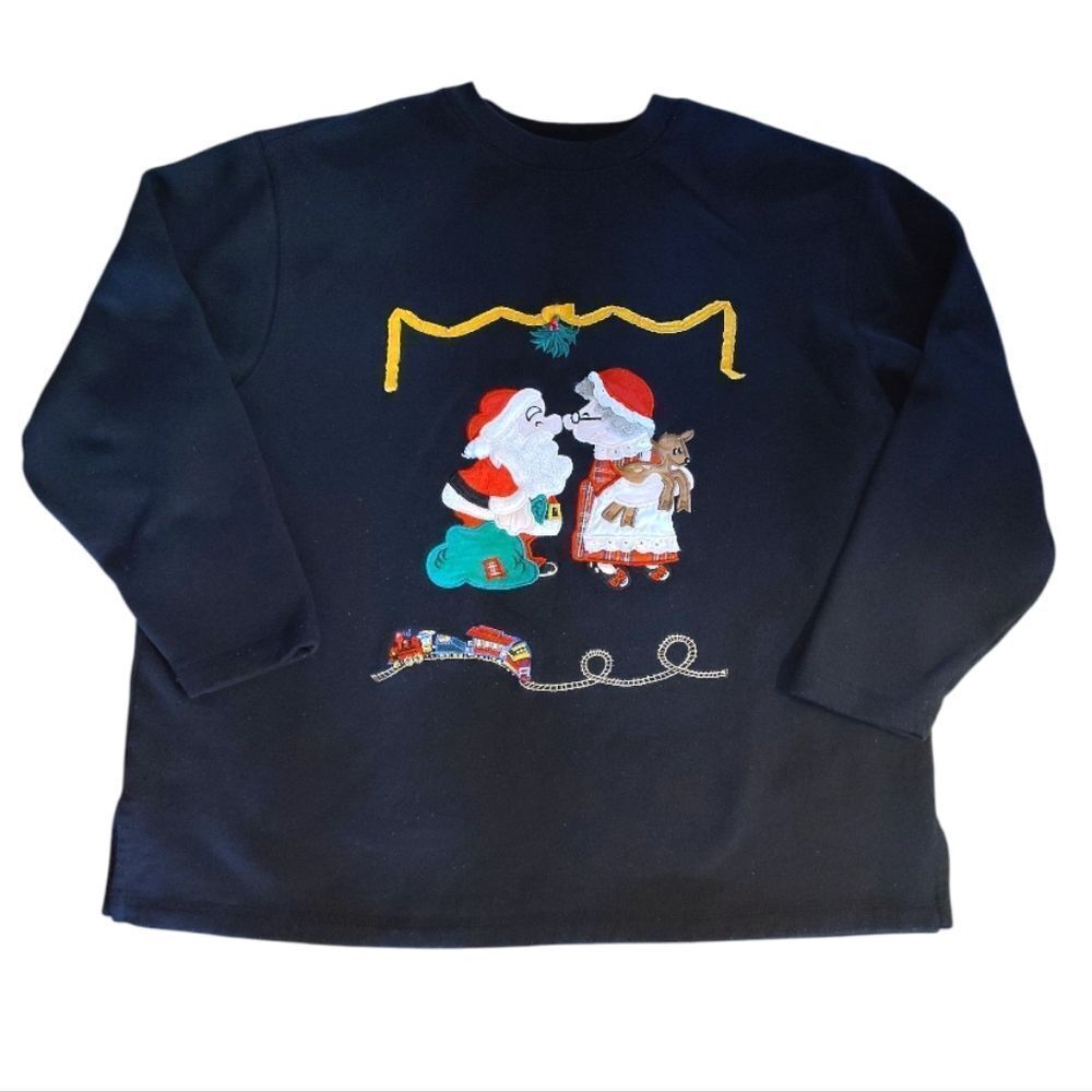 VTG 90s Santa Kissing‎ Mrs Clause Black Embroidered Christmas Sweatshirt 1X